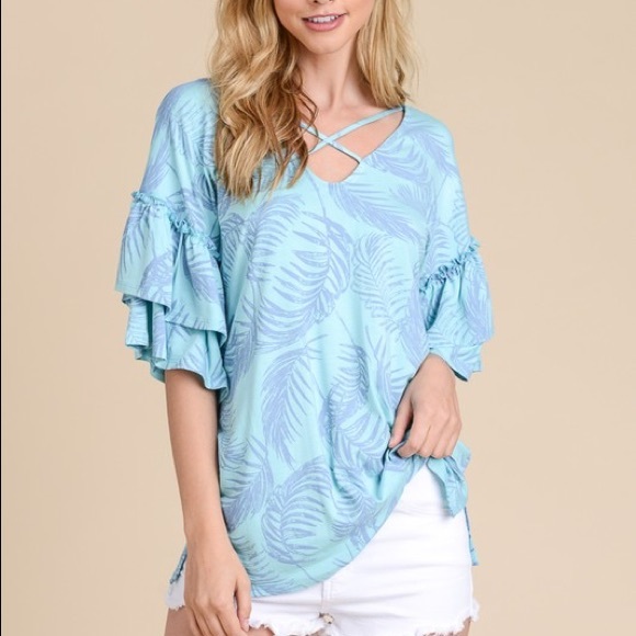 LAST 1! Aqua 💕Crisscross Tiered Sleeve Aqua Top! - Picture 4 of 5